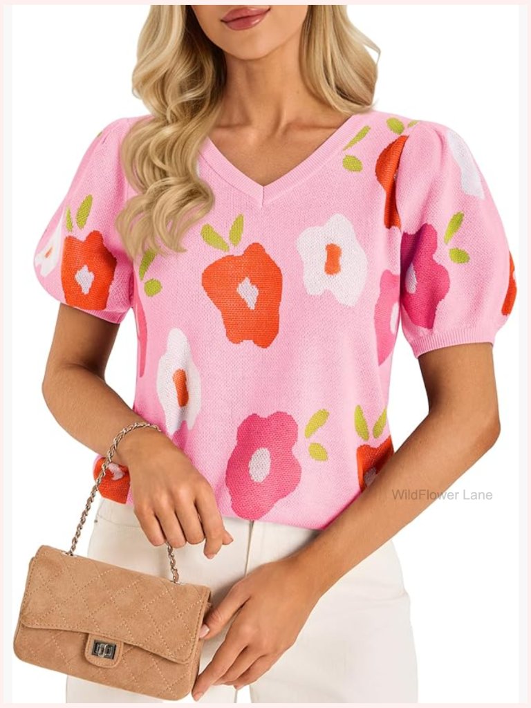 Puff Short Sleeve Floral Pullover V Neck Casual Knit T Shirt
